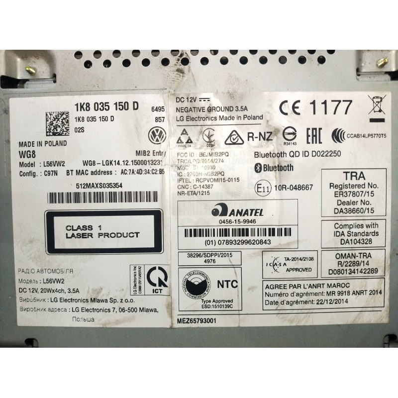 Recambio de sistema audio / radio cd para volkswagen caddy iv furgoneta/monovolumen (saa, sah) 2.0 tdi referencia OEM IAM 1K8035