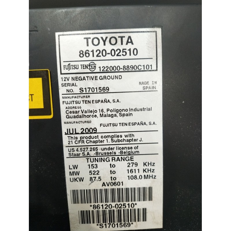 Recambio de sistema audio / radio cd para toyota auris (_e15_) 1.4 d-4d (nde150_) referencia OEM IAM 8612002510 1220008890C101 2