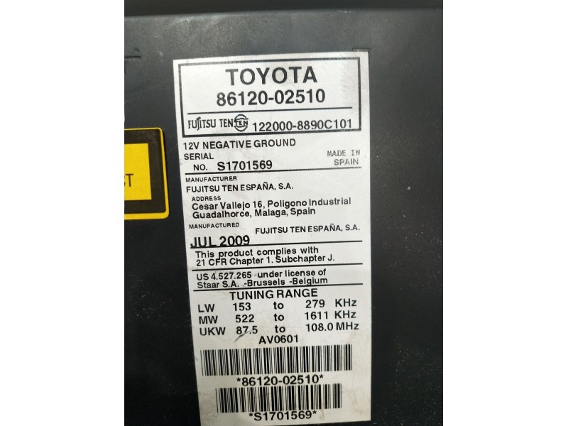Recambio de sistema audio / radio cd para toyota auris (_e15_) 1.4 d-4d (nde150_) referencia OEM IAM 8612002510 1220008890C101 2