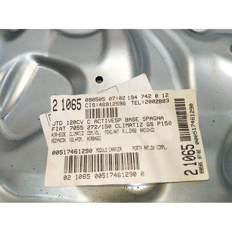 Recambio de elevalunas delantero derecho para fiat croma (194_) 1.9 d multijet (194axb1b) referencia OEM IAM 21065090505 5P 2005