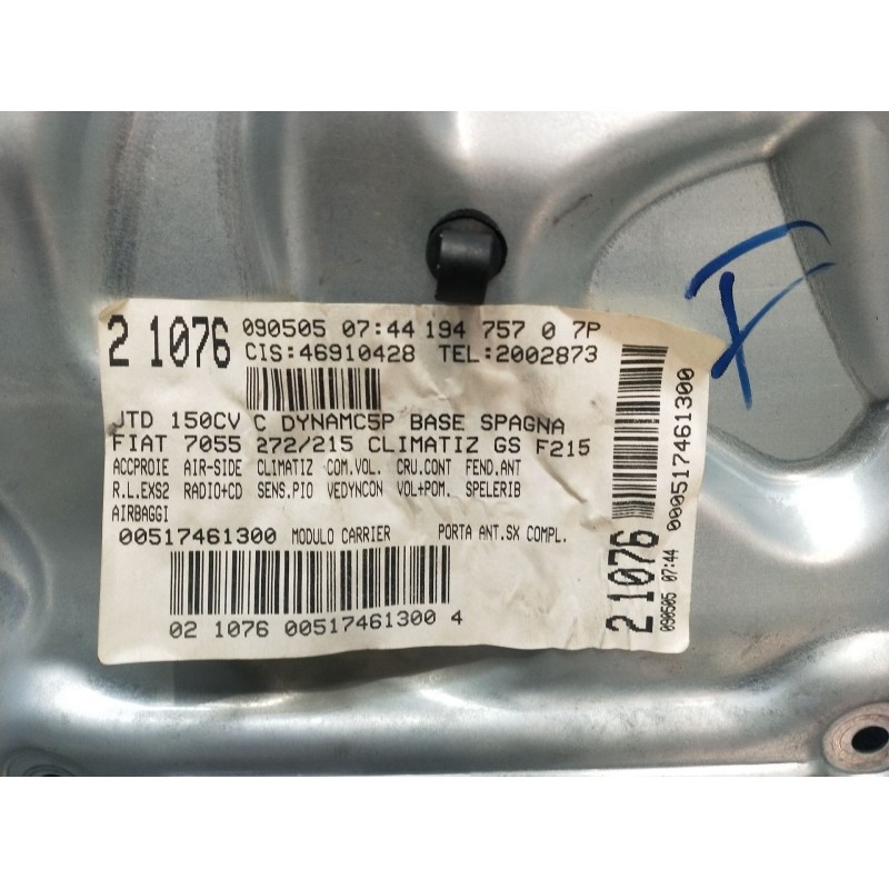 Recambio de elevalunas delantero izquierdo para fiat croma (194_) 1.9 d multijet (194axb1b) referencia OEM IAM 20076090505 5P 20