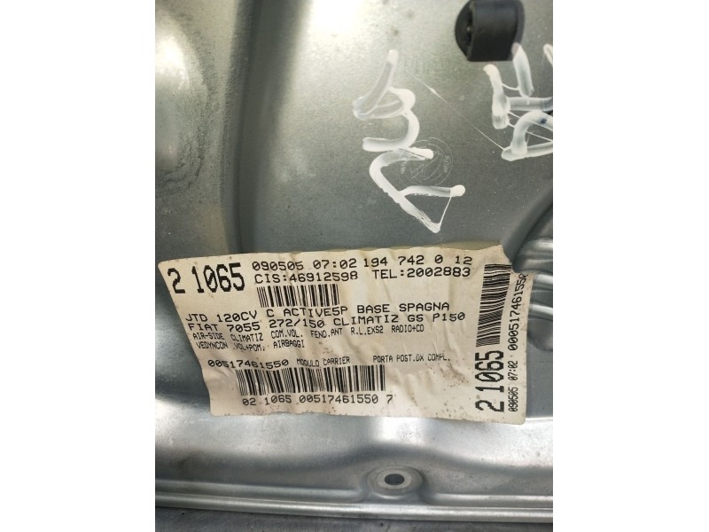 Recambio de elevalunas trasero derecho para fiat croma (194_) 1.9 d multijet (194axb1b) referencia OEM IAM 21065090505 5P 2005