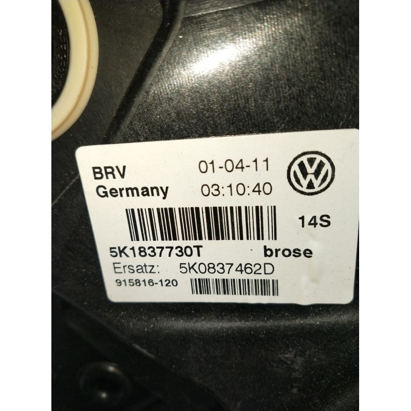 Recambio de elevalunas delantero derecho para volkswagen golf vi (5k1) 1.6 tdi referencia OEM IAM 5K1837730T 5P 5K0837462D 2009