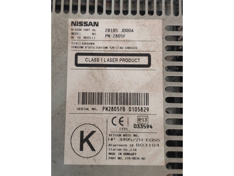 Recambio de sistema audio / radio cd para nissan qashqai (j10) acenta referencia OEM IAM 28185JD00A  