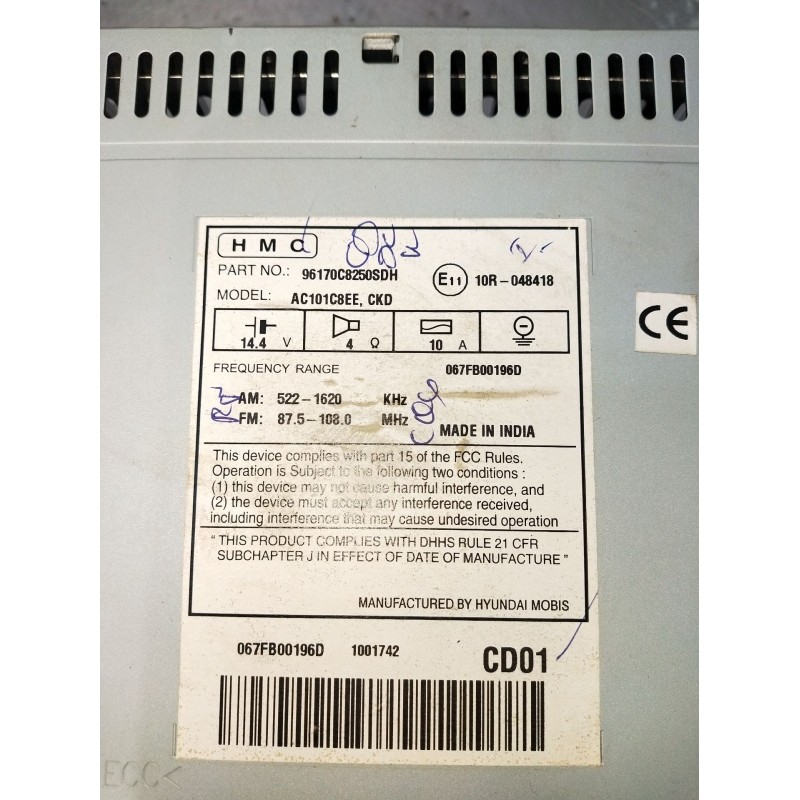 Recambio de sistema audio / radio cd para hyundai i20 ii (gb, ib) 1.2 referencia OEM IAM 96170C8250SDH AC101C8EECKD 2014