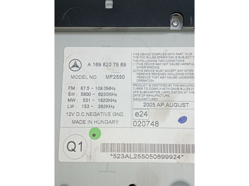 Recambio de sistema audio / radio cd para mercedes-benz clase b sports tourer (w245) b 200 cdi (245.208) referencia OEM IAM A169