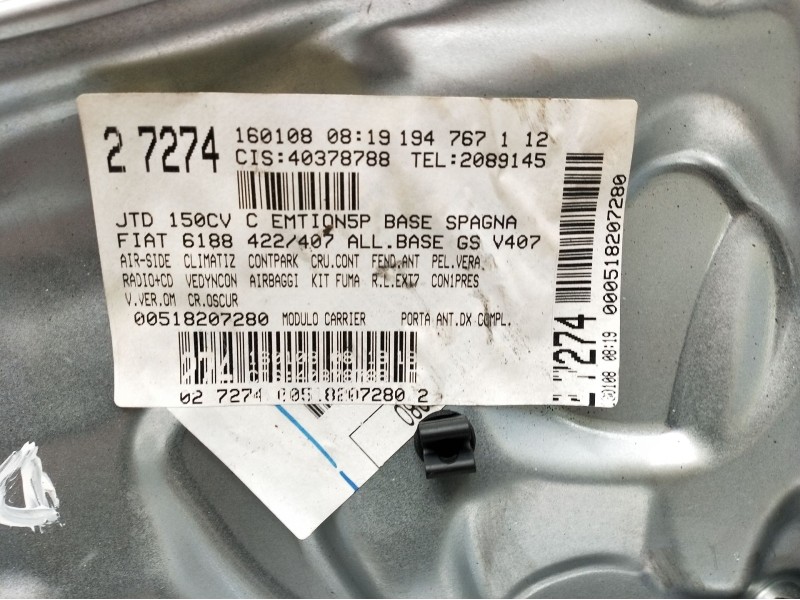 Recambio de elevalunas delantero derecho para fiat croma (194_) 1.9 d multijet (194axc1b, 194axc12) referencia OEM IAM 27274 5P 