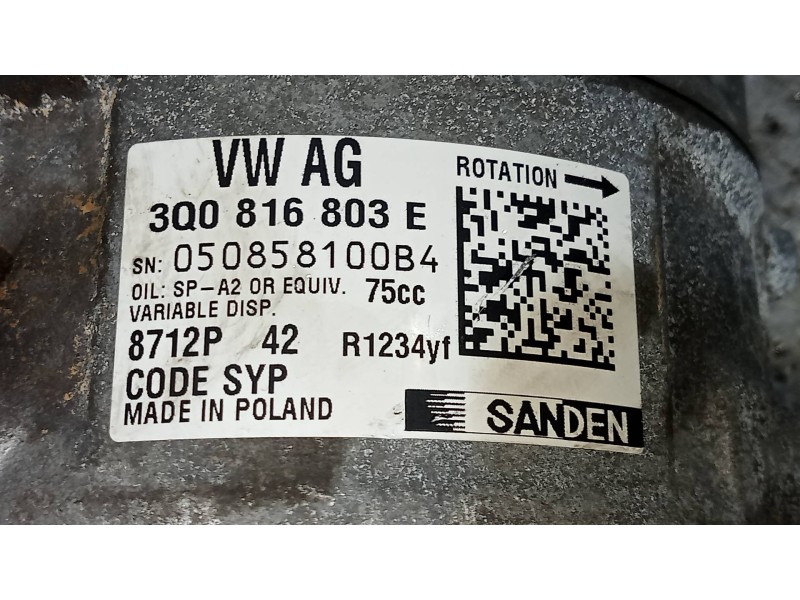 Recambio de compresor aire acondicionado para skoda fabia 1.0 tsi referencia OEM IAM 3Q0816803E 8712P 