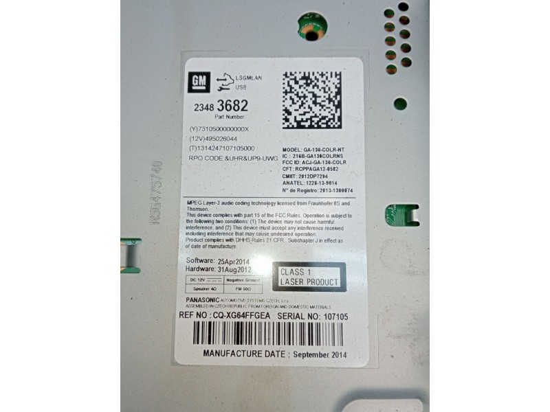 Recambio de sistema audio / radio cd para opel zafira tourer c (p12) 1.6 cdti (75) referencia OEM IAM 23483682 CQXG64FFGEA 2012