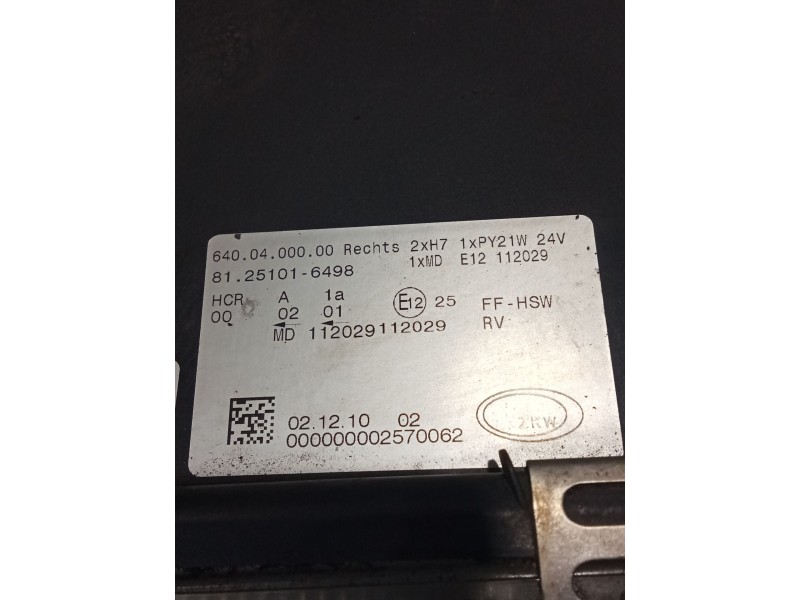 Recambio de faro derecho para man tgx 18.480 referencia OEM IAM 81251016498 6400400000 11