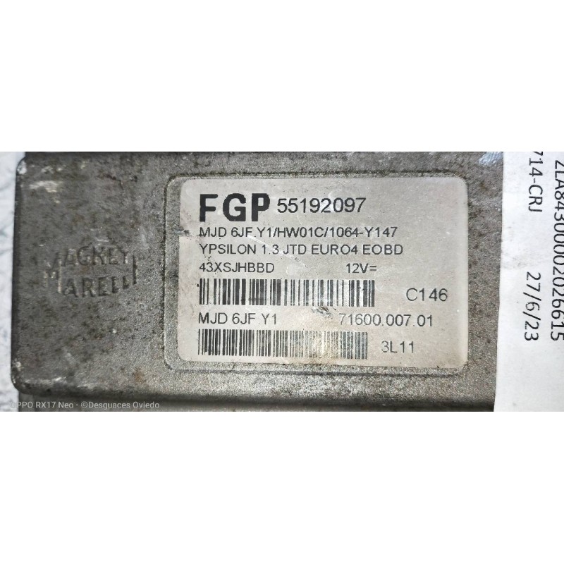 Recambio de centralita motor uce para lancia ypsilon (101) 1.3 16v multijet argento referencia OEM IAM 55192097 7160000701 