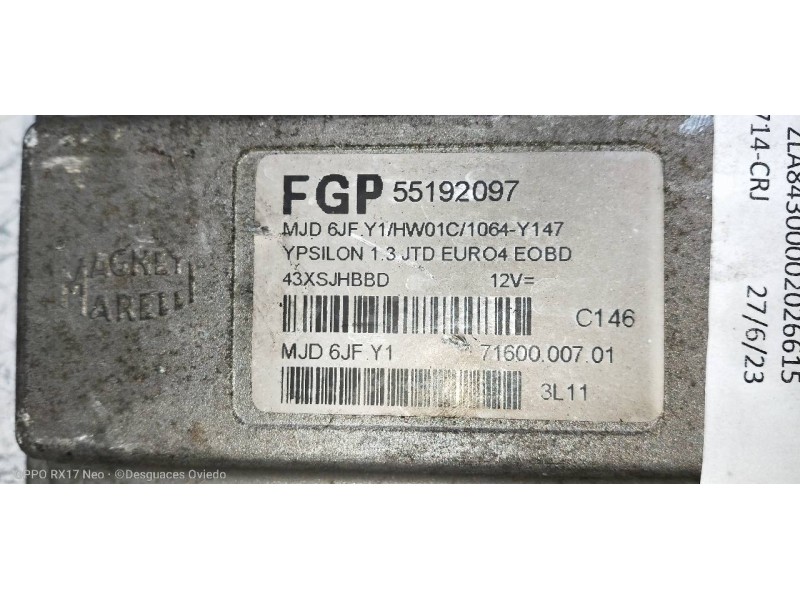 Recambio de centralita motor uce para lancia ypsilon (101) 1.3 16v multijet argento referencia OEM IAM 55192097 7160000701 