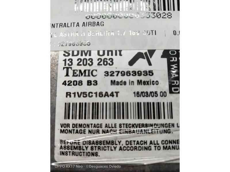 Recambio de centralita airbag para opel astra h berlina 1.7 16v cdti referencia OEM IAM 327963935 13203263 