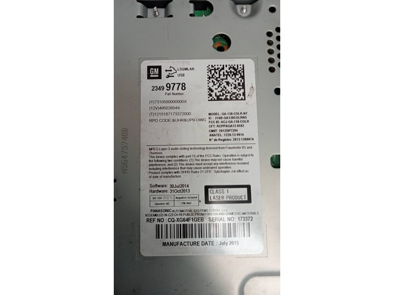 Recambio de sistema navegacion gps para opel zafira tourer selective referencia OEM IAM 23499778  