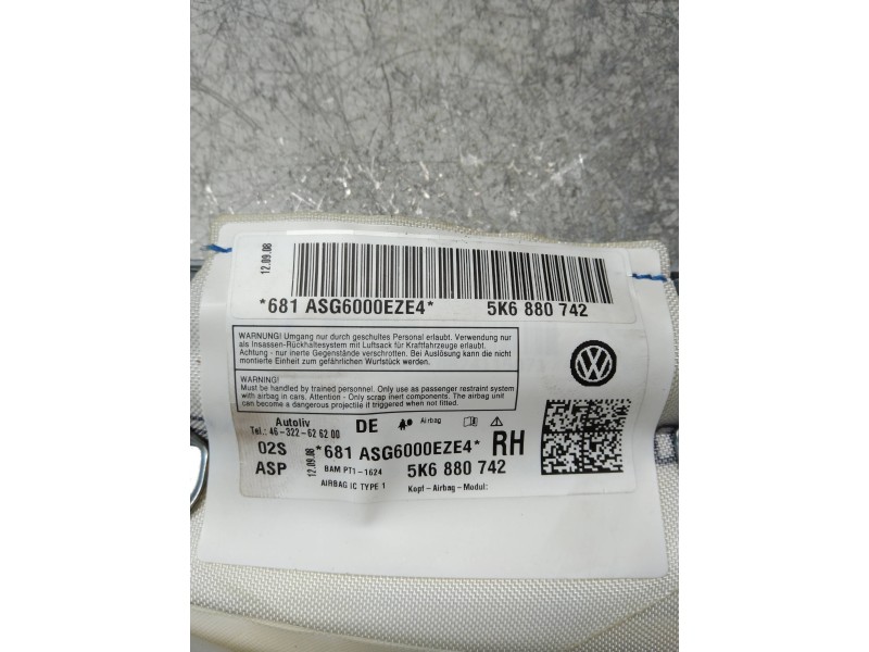 Recambio de airbag cortina delantero derecho para volkswagen golf vi (5k1) advance referencia OEM IAM 5K6880742  