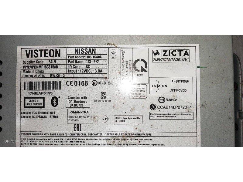 Recambio de sistema audio / radio cd para nissan x-trail (t32) acenta referencia OEM IAM 281854CA0A  