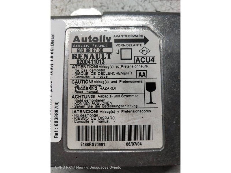 Recambio de centralita airbag para renault scenic ii 1.9 dci diesel referencia OEM IAM 603989700 8200411013 