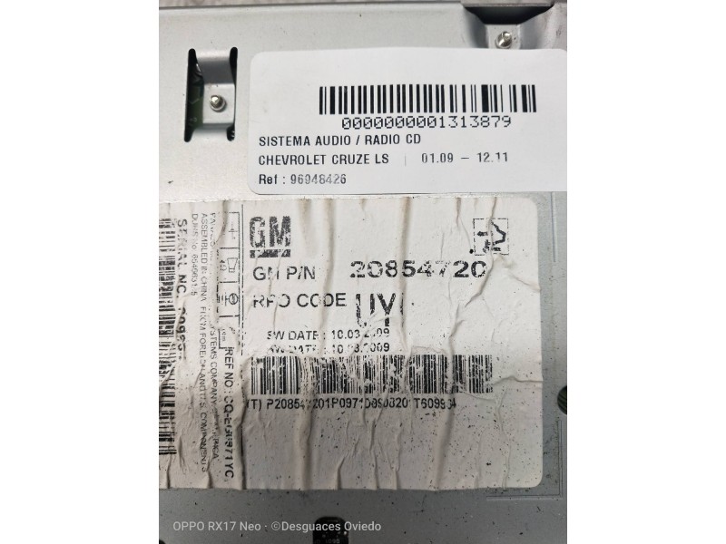Recambio de sistema audio / radio cd para chevrolet cruze ls referencia OEM IAM 96948426 20854720 