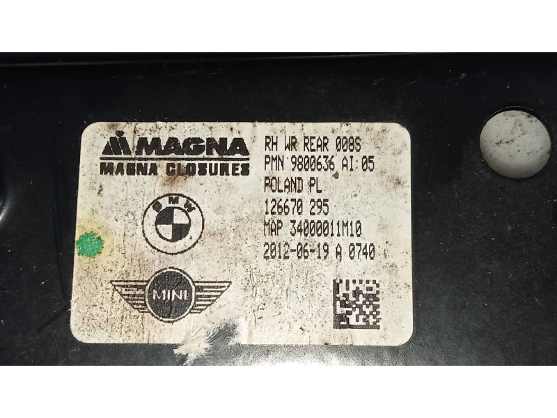 Recambio de elevalunas trasero derecho para mini countryman (r60) one d referencia OEM IAM 9800636AI05  