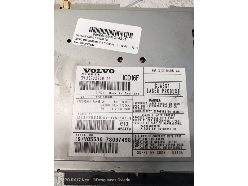 Recambio de sistema audio / radio cd para volvo s40 berlina 2.0 d kinetic referencia OEM IAM 30732850AA  