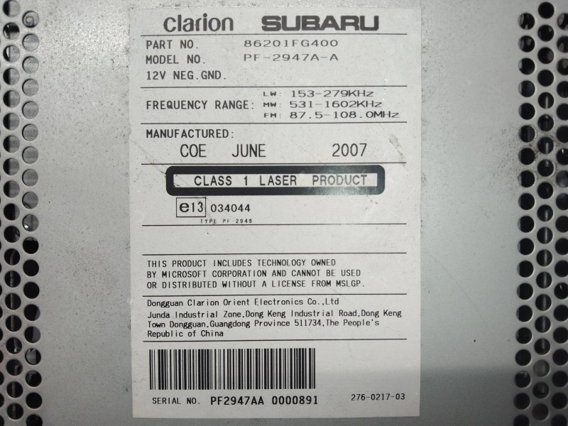 Recambio de sistema audio / radio cd para subaru impreza g12 1.5 referencia OEM IAM 86201FG400  