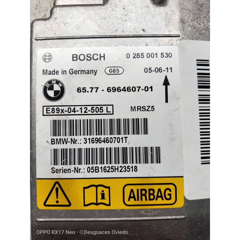 Recambio de centralita airbag para bmw serie 3 berlina (e90) 2.0 16v diesel referencia OEM IAM 0285001530 6577696460701 31696460