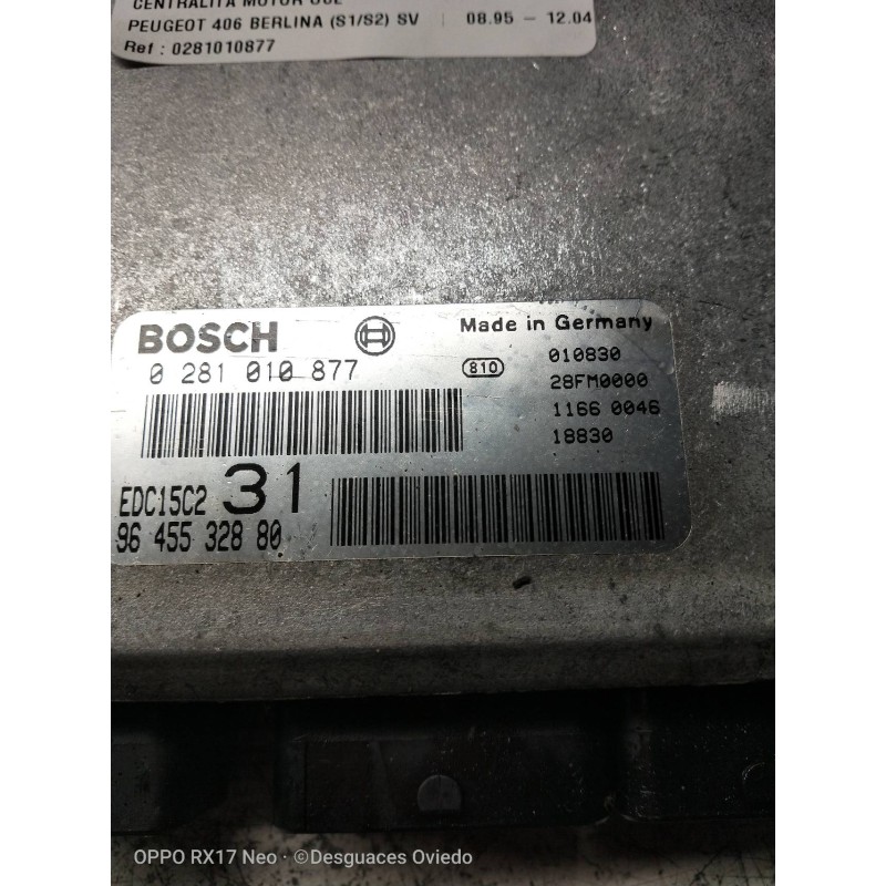 Recambio de centralita motor uce para peugeot 406 berlina (s1/s2) sv referencia OEM IAM 0281010877 9645532880 EDC15