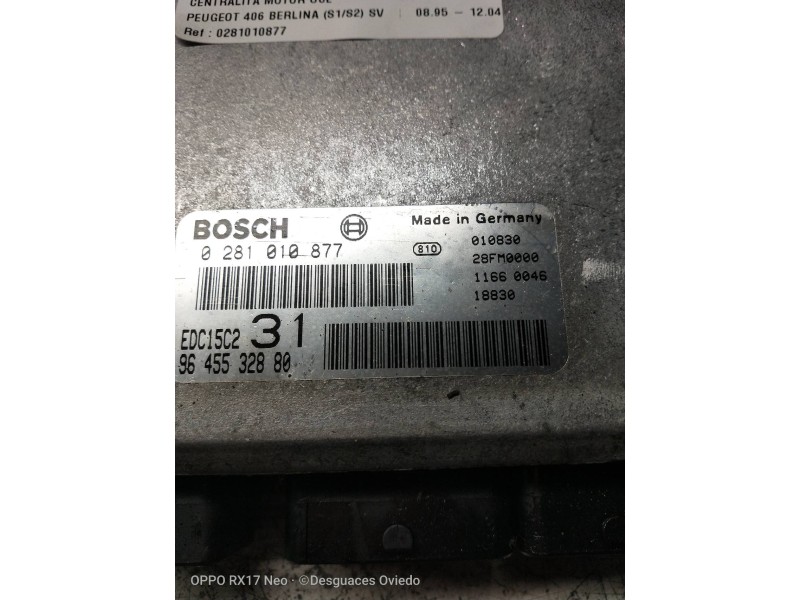 Recambio de centralita motor uce para peugeot 406 berlina (s1/s2) sv referencia OEM IAM 0281010877 9645532880 EDC15