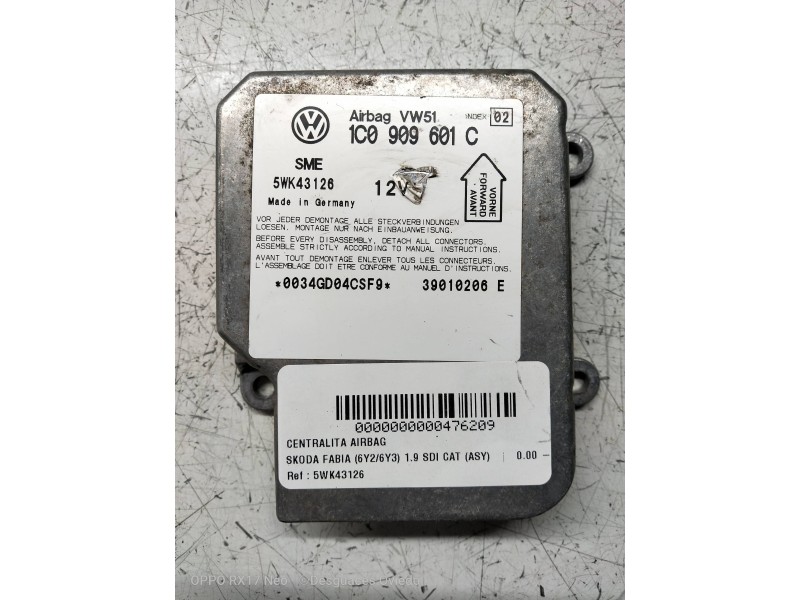 Recambio de centralita airbag para skoda fabia (6y2/6y3) 1.9 sdi cat (asy) referencia OEM IAM 5WK43126 1C0909601C 39010206E