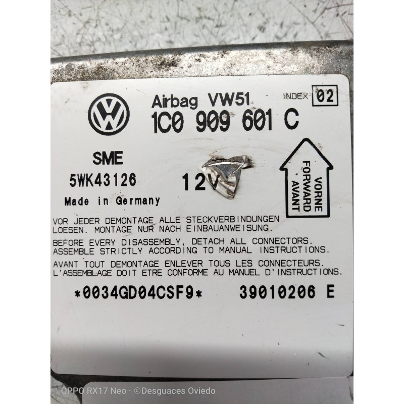Recambio de centralita airbag para skoda fabia (6y2/6y3) 1.9 sdi cat (asy) referencia OEM IAM 5WK43126 1C0909601C 39010206E