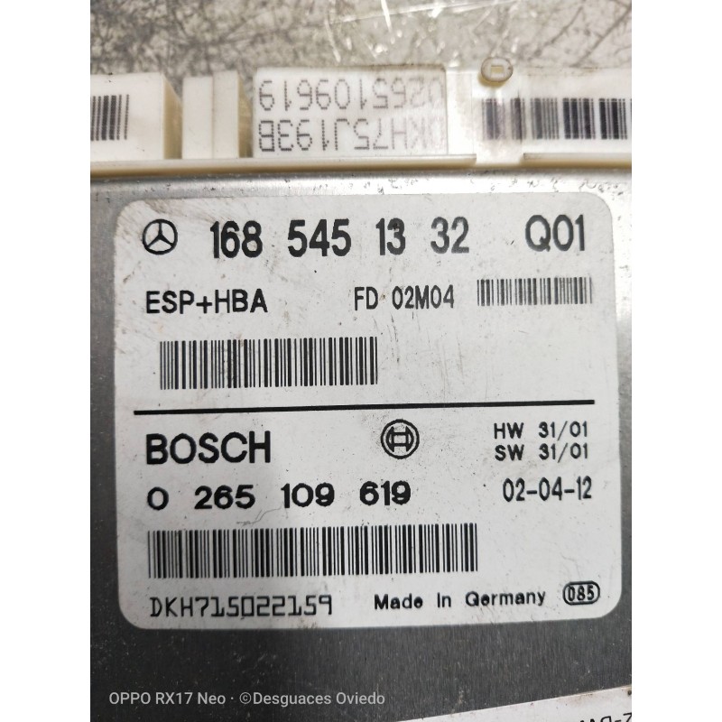 Recambio de centralita abs para mercedes clase a (w168) 190 (168.032) referencia OEM IAM 0265109619 1685451332 Q01