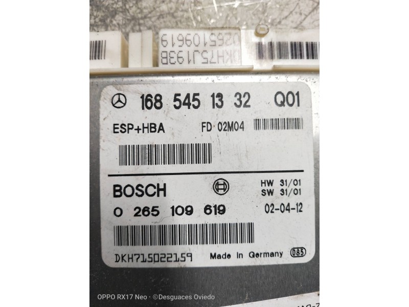 Recambio de centralita abs para mercedes clase a (w168) 190 (168.032) referencia OEM IAM 0265109619 1685451332 Q01