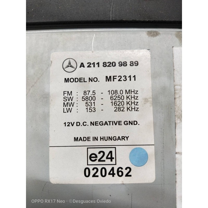 Recambio de sistema audio / radio cd para mercedes clase e (w211) berlina e 320 cdi (211.026) referencia OEM IAM A2118209889  