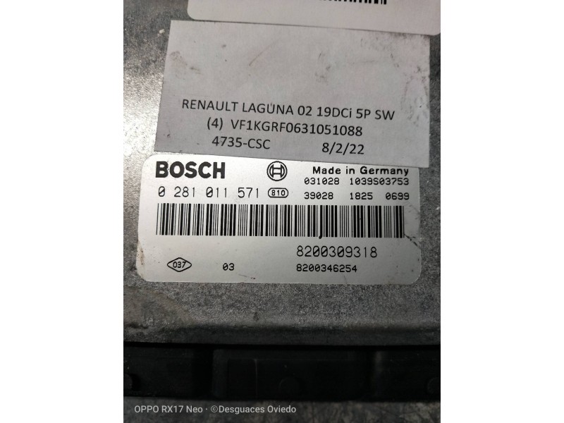 Recambio de centralita motor uce para renault laguna ii grandtour (kg0) dynamique referencia OEM IAM 0281011571 8200309318 82003