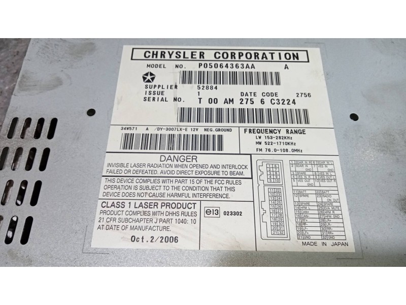 Recambio de sistema audio / radio cd para chrysler pt cruiser (pt) 1.6 classic referencia OEM IAM P05064363AA  