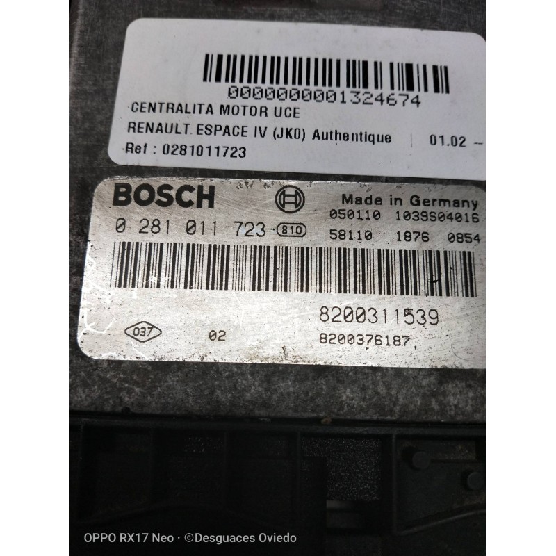 Recambio de centralita motor uce para renault espace iv (jk0) authentique referencia OEM IAM 0281011723 8200311539 8200376187