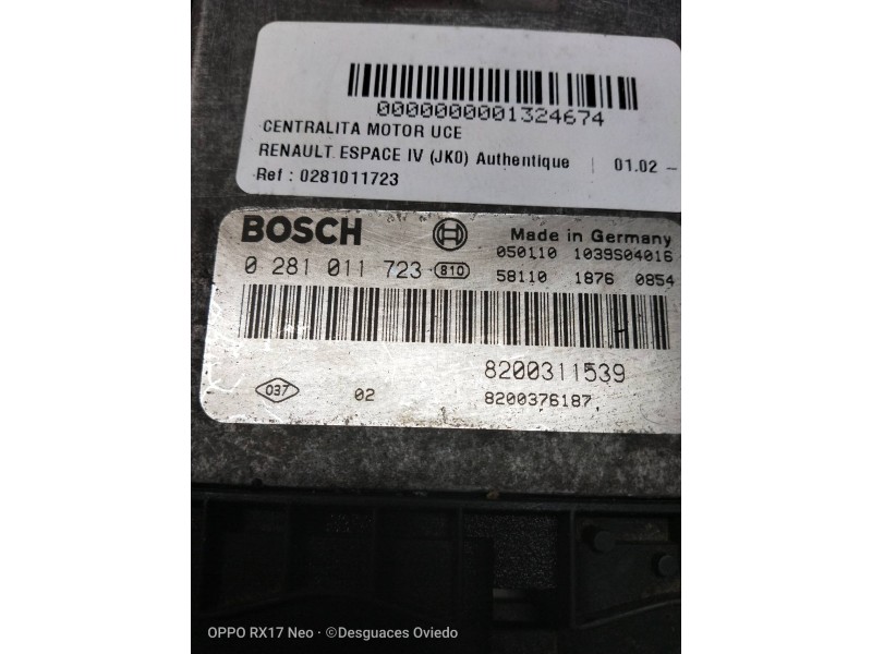 Recambio de centralita motor uce para renault espace iv (jk0) authentique referencia OEM IAM 0281011723 8200311539 8200376187
