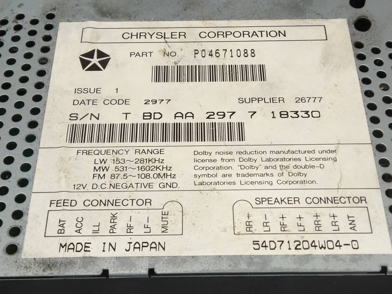 Recambio de sistema audio / radio cd para chrysler stratus cabrio (jx) 2.5 limited referencia OEM IAM P04671088  
