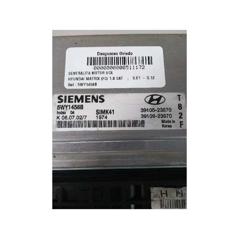 Recambio de centralita motor uce para hyundai matrix (fc) 1.8 gls full referencia OEM IAM 5WY1456B 3910523670 T82F 3910923670 SI