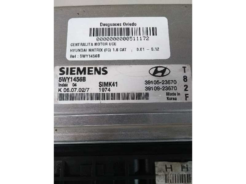 Recambio de centralita motor uce para hyundai matrix (fc) 1.8 gls full referencia OEM IAM 5WY1456B 3910523670 T82F 3910923670 SI
