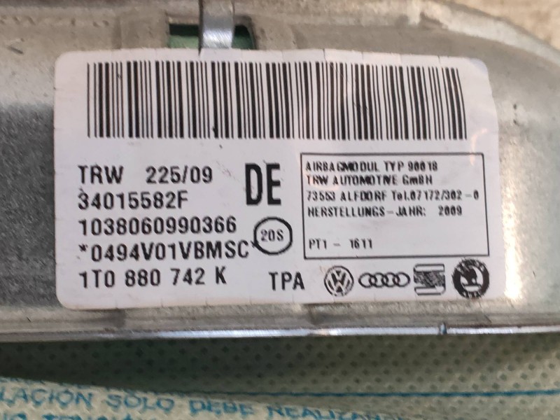Recambio de airbag cortina delantero derecho para volkswagen touran (1t2) edition referencia OEM IAM 1T0880742K  