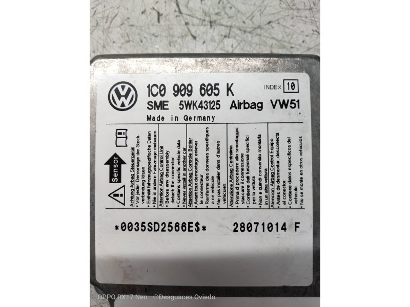 Recambio de centralita airbag para volkswagen polo (9n3) 1.4 16v referencia OEM IAM 5WK43125 1C0909605K 28071014F