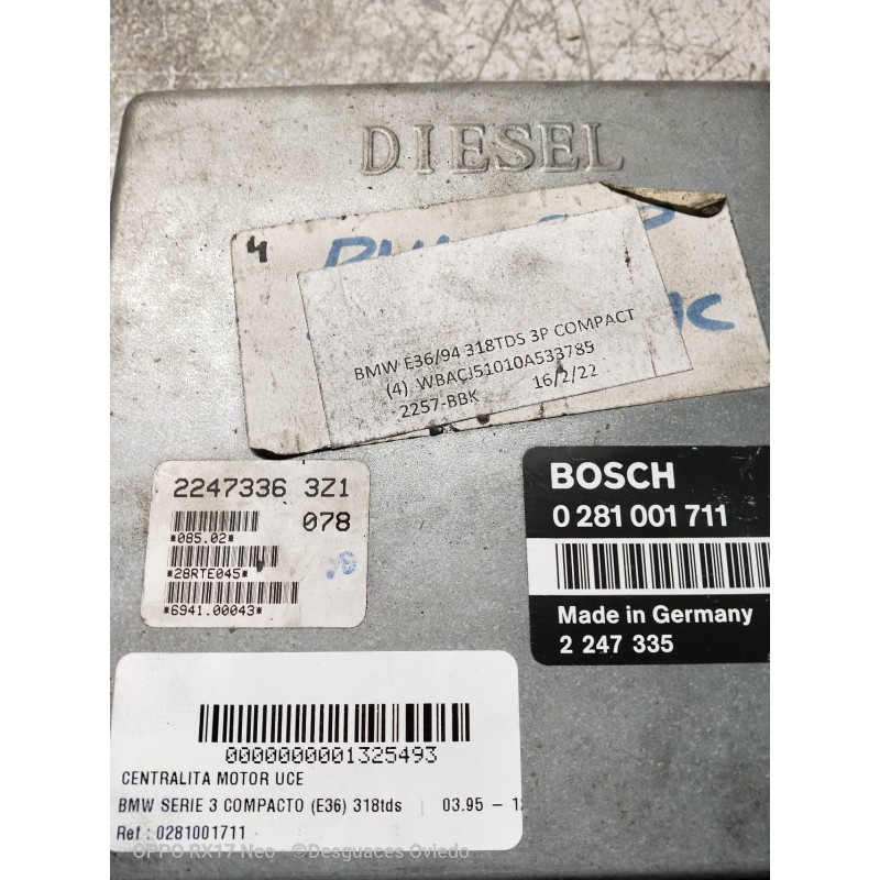 Recambio de centralita motor uce para bmw serie 3 compacto (e36) 318tds referencia OEM IAM 0281001711 2247335 2247336
