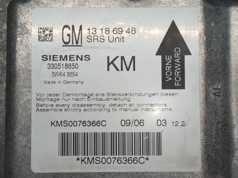 Recambio de centralita airbag para opel signum elegance referencia OEM IAM 5WK43654 13186948 330518650 KM