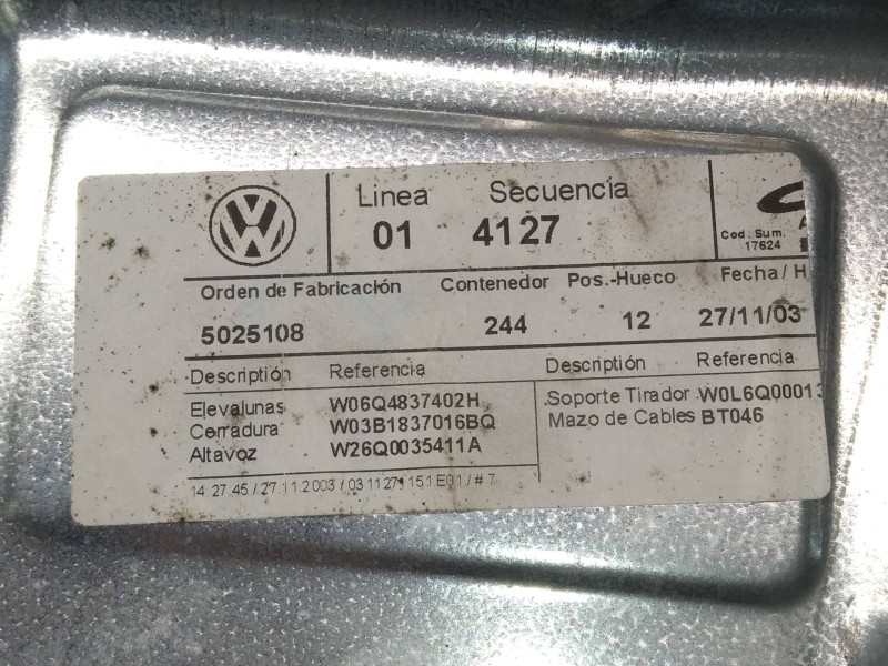 Recambio de elevalunas delantero derecho para volkswagen polo (9n1) highline referencia OEM IAM 602959801A 6Q4837402H 400642E 5P