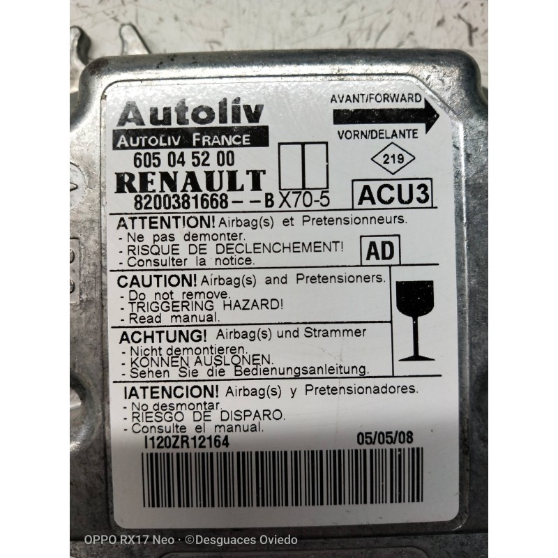 Recambio de centralita airbag para nissan interstar mod. 04 (x70) 2.5 dci diesel cat referencia OEM IAM 605045200 8200381668B 
