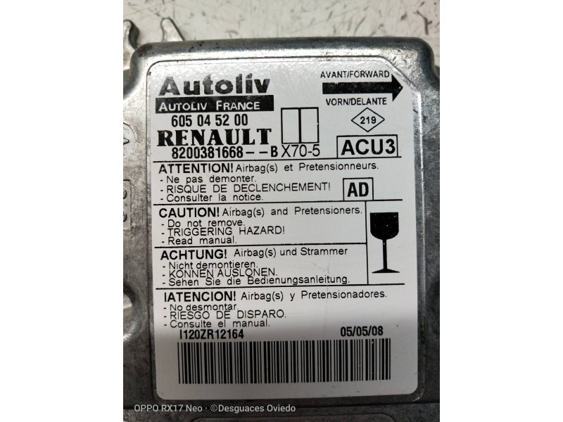 Recambio de centralita airbag para nissan interstar mod. 04 (x70) 2.5 dci diesel cat referencia OEM IAM 605045200 8200381668B 