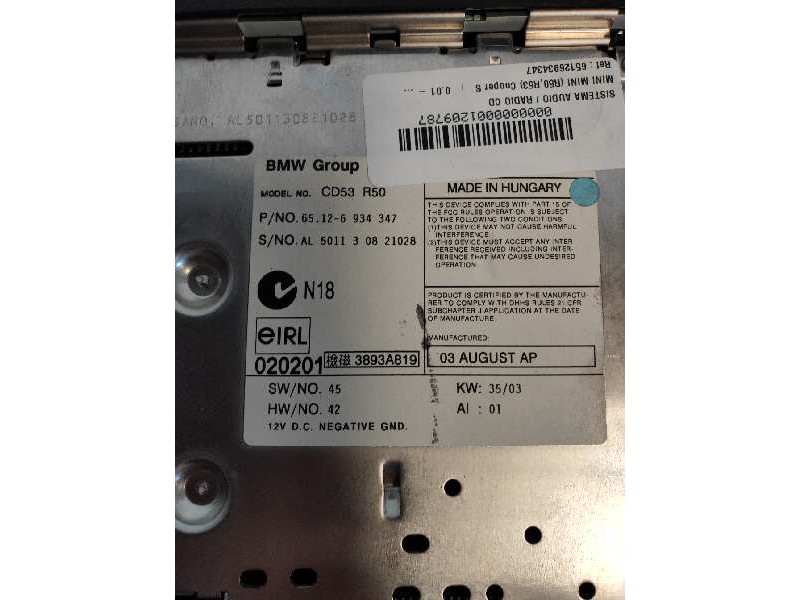 Recambio de sistema audio / radio cd para mini mini (r50,r53) cooper s referencia OEM IAM 65126934347  