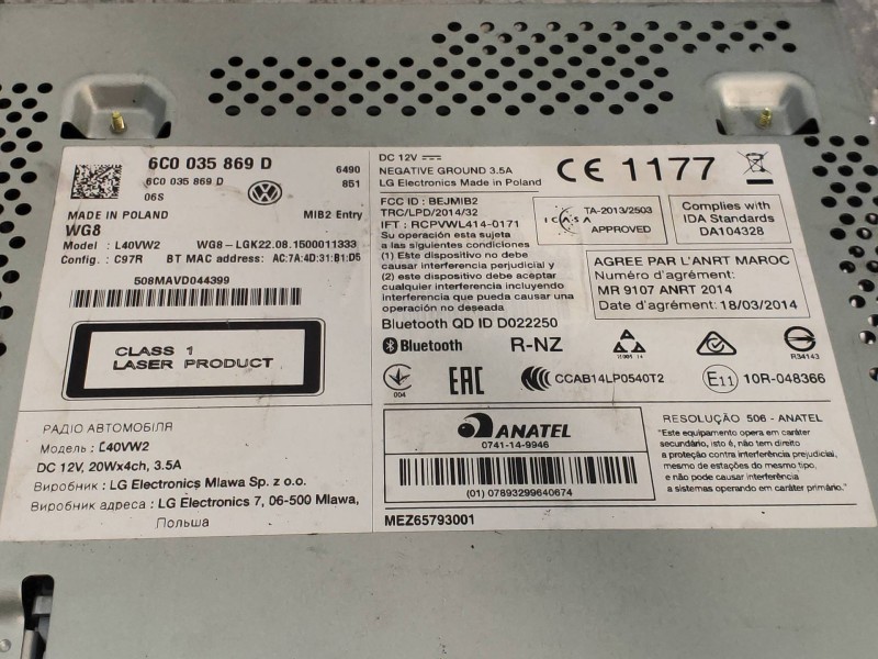 Recambio de sistema audio / radio cd para volkswagen polo (6c1) 1.4 tdi referencia OEM IAM 6C0035869D L40VW2 