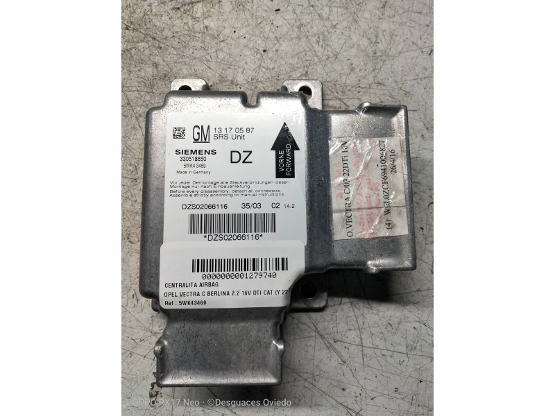 Recambio de centralita airbag para opel vectra c berlina 2.2 16v dti cat (y 22 dtr / l50) referencia OEM IAM 5WK43469 13170587 